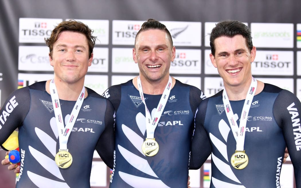 New Zealand men's team pursuit trio: Ethan Mitchell, Eddie Dawkins and Sam Webster