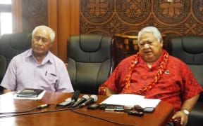 Samoa's caretaker Prime Minister, Tuilaepa Sailele Malielegaoi and his Minister of Health, Tuitama Talalelei Tuitama, speaking to the media on the Zika virus