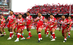 Tonga perform the haka before facing Australia in 2019.