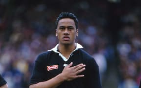 Jonah Lomu sings the national anthem. Rugby Union. New Zealand v France, second test, Jonah Lomu's second test for the All Blacks, All Blacks lost 23-20. 3 July 1994.