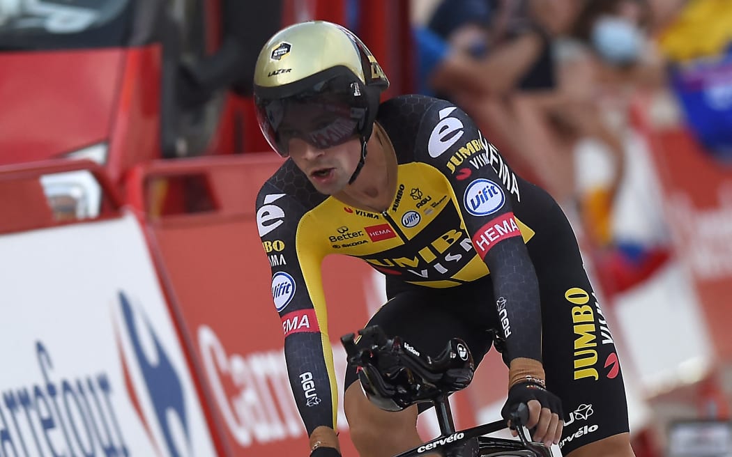 Team Jumbo's Slovenian rider Primoz Roglic competes the 1st stage of the 2021 La Vuelta cycling tour of Spain, an 7,1 individual time-trial race from Burgos to Burgos, on August 14, 2021.