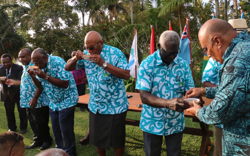 Melanesian Spearhead Group leaders drink Vanuatu kava after signing two declarations at the 22nd MSG Leaders' Summit in Port Vila. 24 August 2023