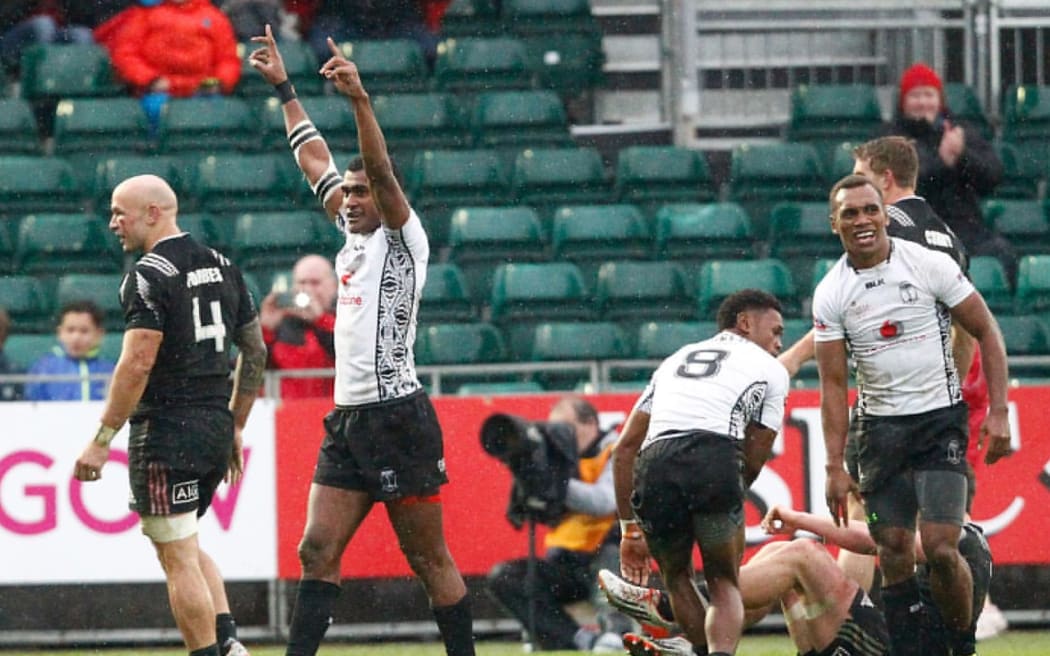Fiji celebrate after winning the Glasgow Sevens against rivals New Zealand.