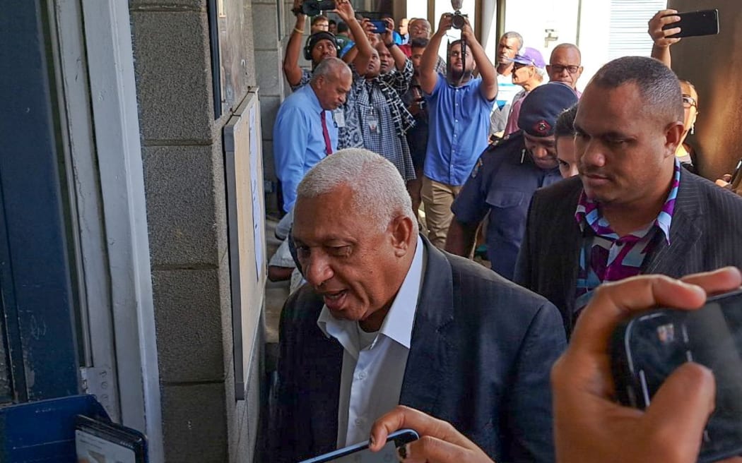 Frank Bainimarama entering the Suva Magistrates Court on Friday,10 March 2023.