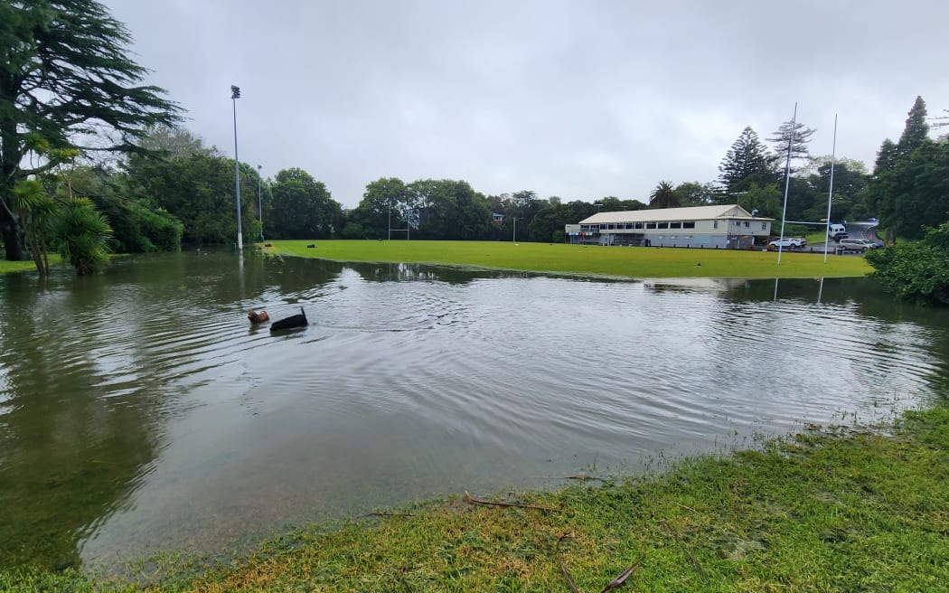 Gribblehirst park in Sandringham was flooded after heavy rain in Auckland.