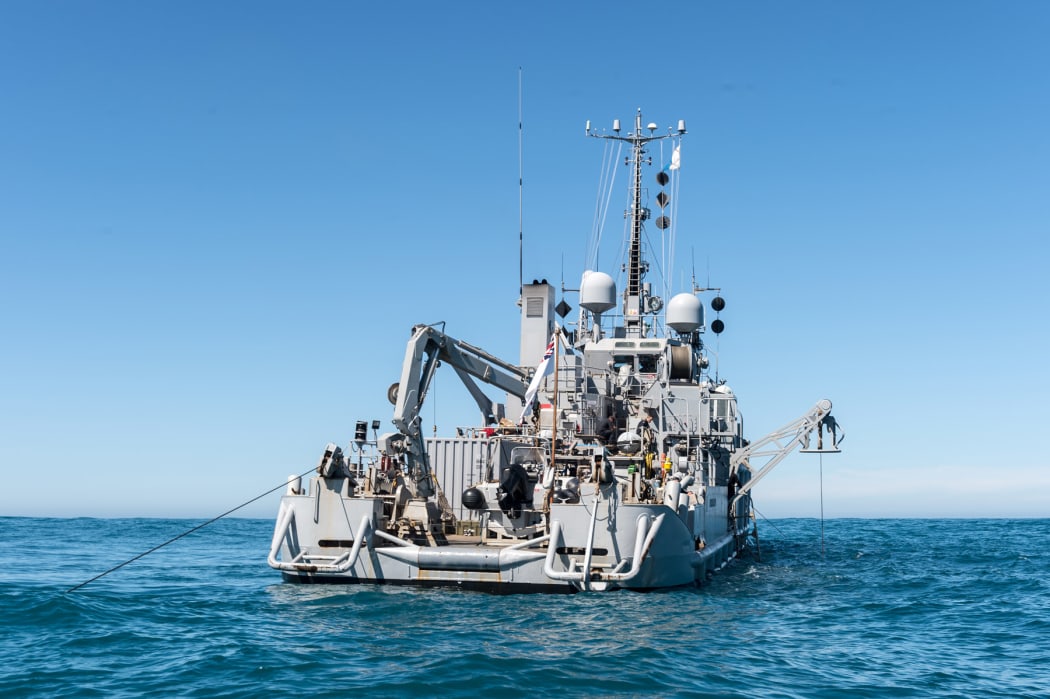 Navy diving support vessel HMNZS Manawanui at the site of the sunken fishing vessel FV Jubilee.