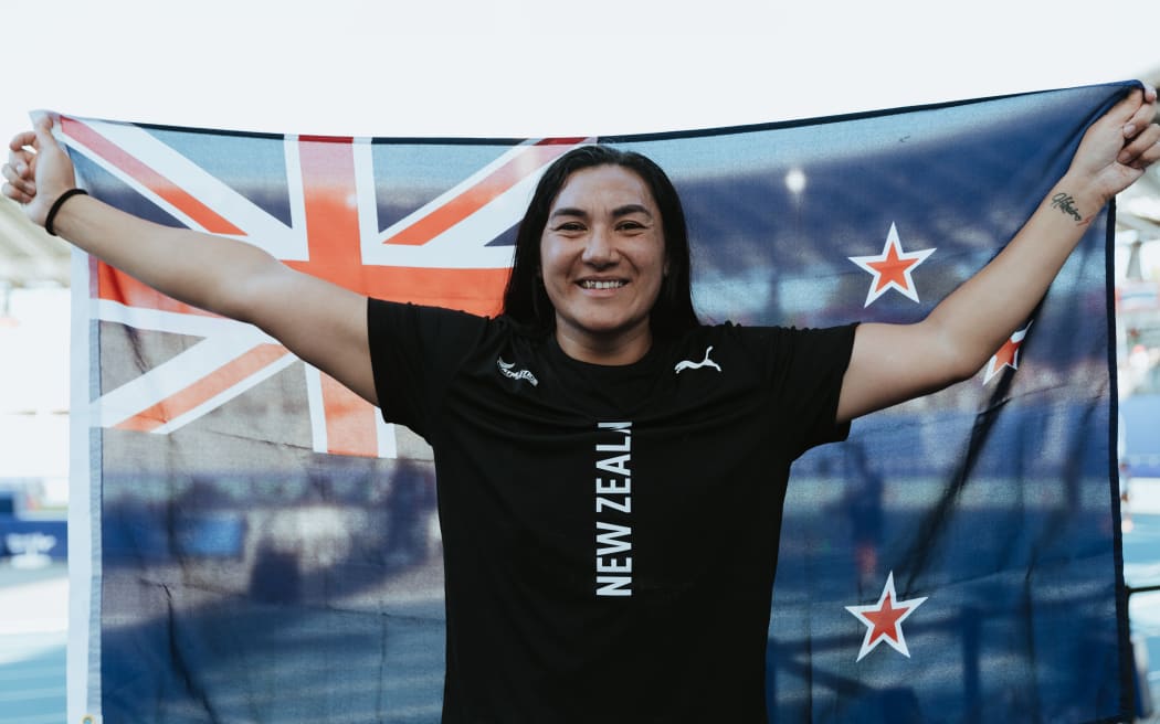 Lisa Adams celebrates after winning the shot put at the 2023 Para World Athletics Championships in Paris.