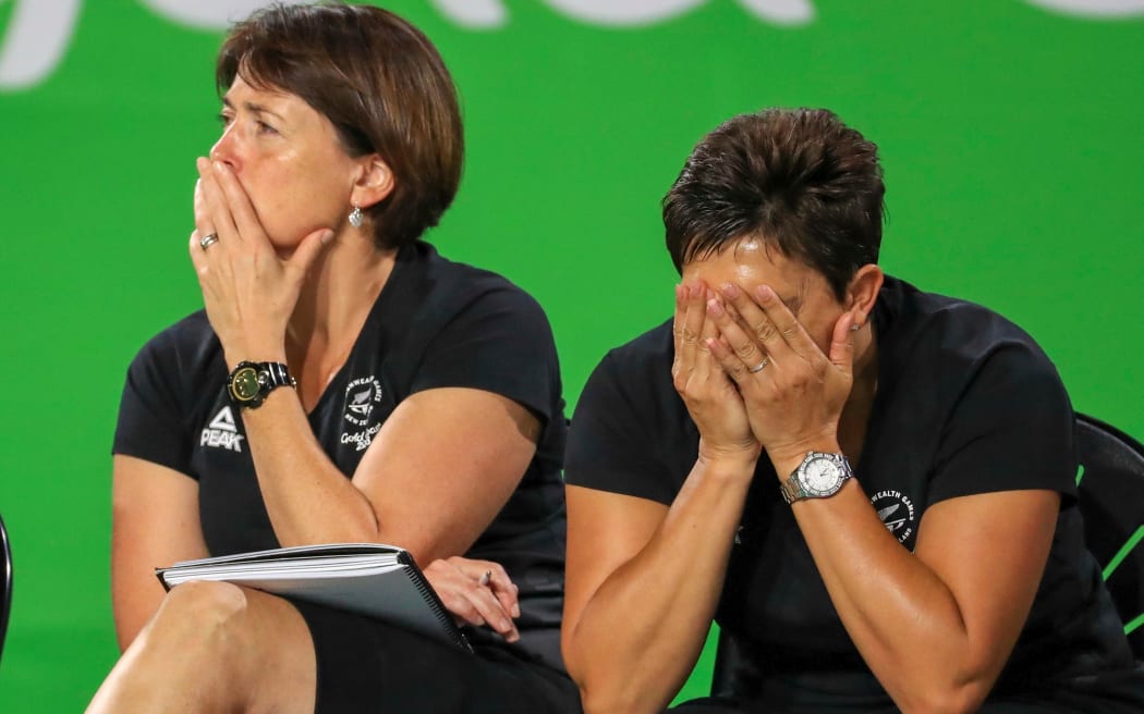 Silver Ferns coach Janine Southby and assistant coach Yvette McCausland-Durie ponder the side's semi-final loss to Australia at the Gold Coast Games.