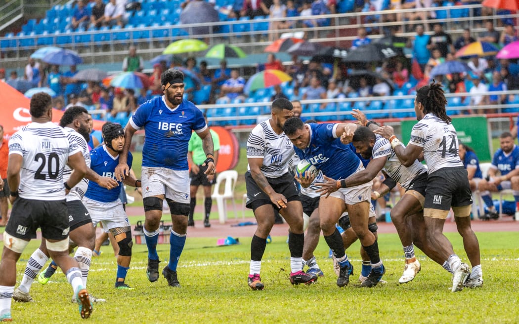 The Flying Fijians putting in some defense work against Manu Samoa at Apia Park on Saturday. 29 July 2023