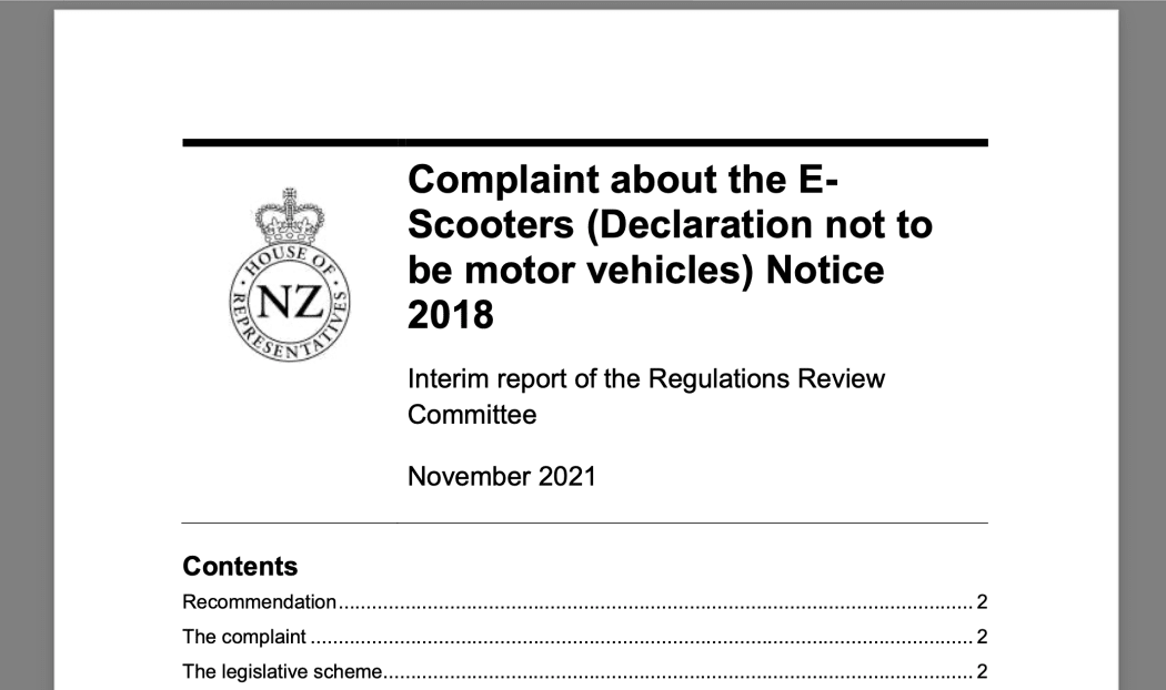 A Regulations Review Committee report back to the House on this occasion on E-Scooters.