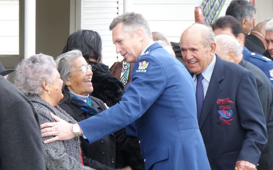Commissioner Mike Bush greeting Tuhoe kuia.