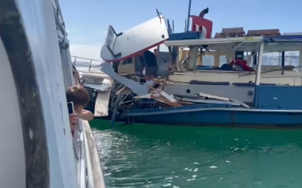 Damage to the Paihia-Russell ferry after a collision with a motorboat.