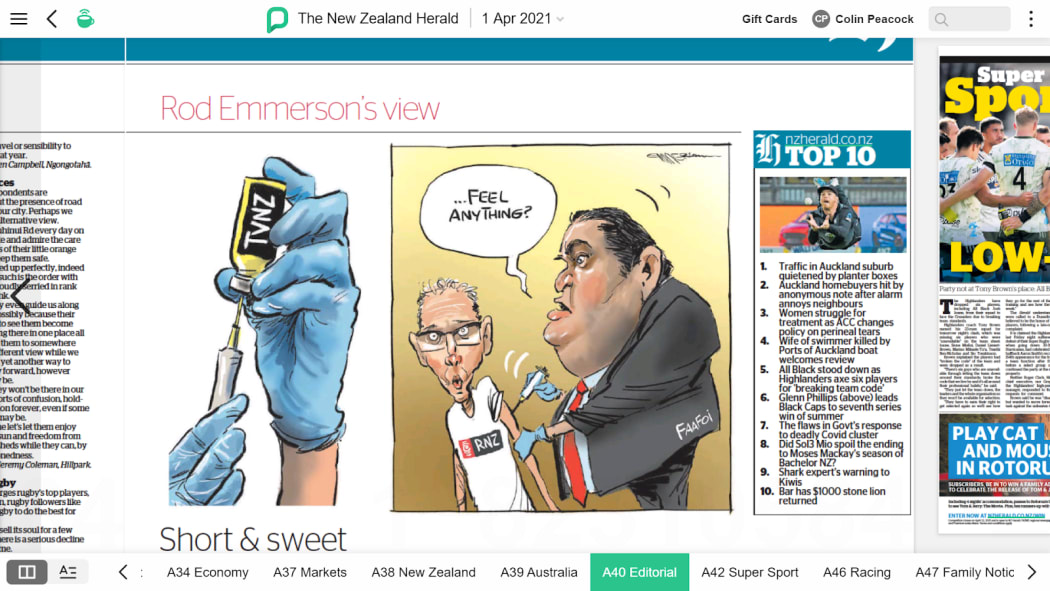 Rod Emmerson's take on the plan for a new media entity in his Herald cartoon on April 1.
