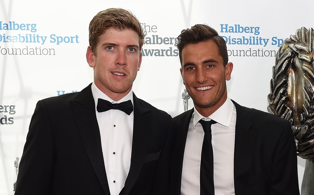 NZ sailors Peter Burling and Blair Tuke pose for a picture on the red carpet at the 52nd Halberg Awards.