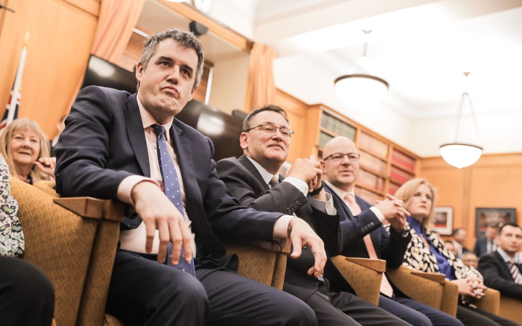 Chris Bishop, Shane Reti at the National Party caucus meeting on 17 October 2023.