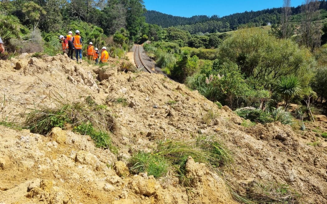 A large slip fell over the main railway freight line between Auckland and Northland during Cyclone Gabrielle.