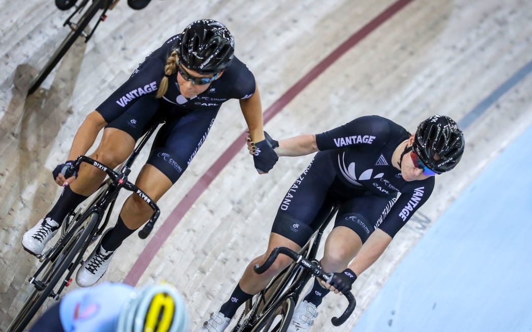 New Zealand's Rushlee Buchanan and Racquel Sheath compete in the Madison.