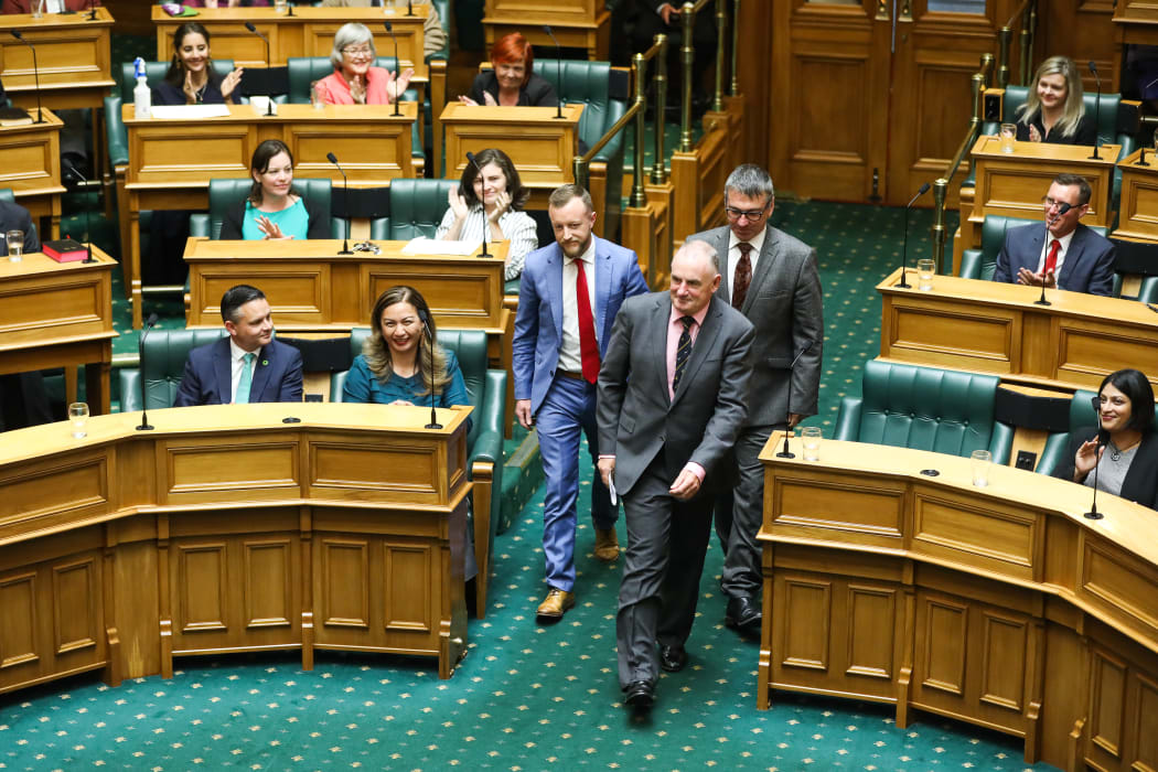 Labour MP Trevor Mallard is elected Speaker and escorted to the front of the House by the Labour party whips Kieran McAnulty and Duncan Webb