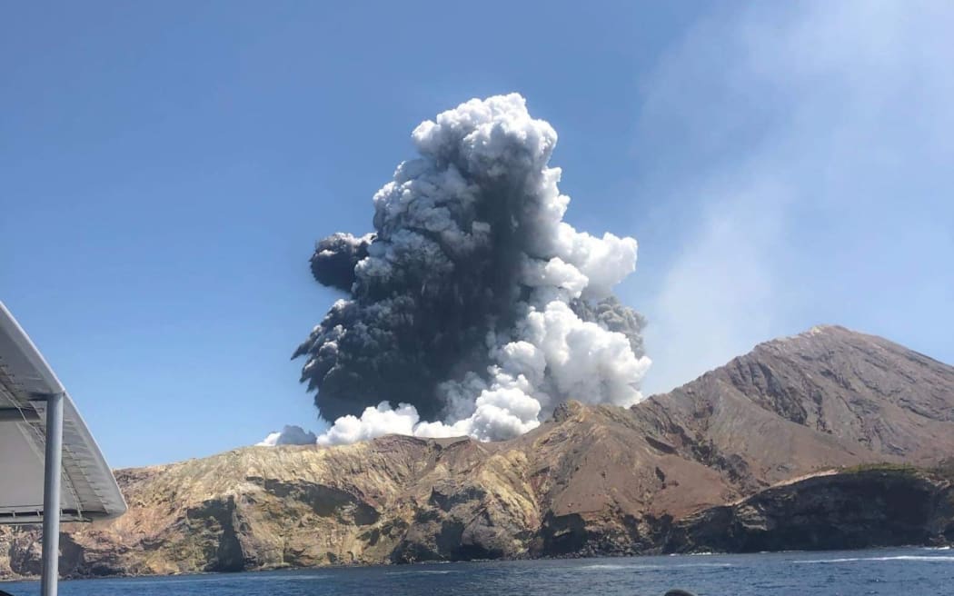 Whakaari White Island eruption as seen from tourist boat