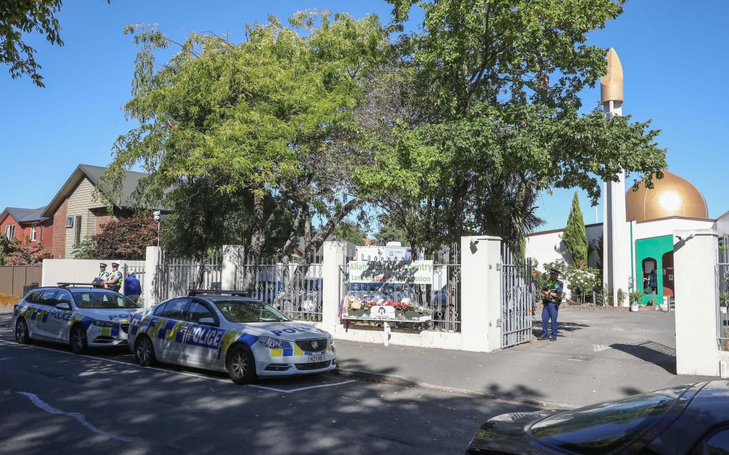 Police vehicles parked outside Al Noor Mosque in Christchurch on the second anniversary of the terror attacks.