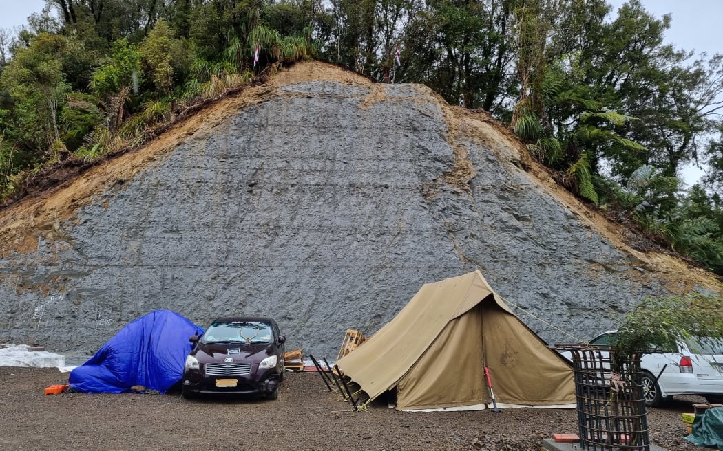 About 20 protesters broke through security fencing at Mt Messenger five days ago and have set up camp at the summit, erecting tents and a kitchen.