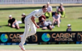 New Zealands Tim Southee bowls on the fourth day of the first cricket Test match between New Zealand and Pakistan at the Bay Oval in Mount Maunganui on December 29, 2020.