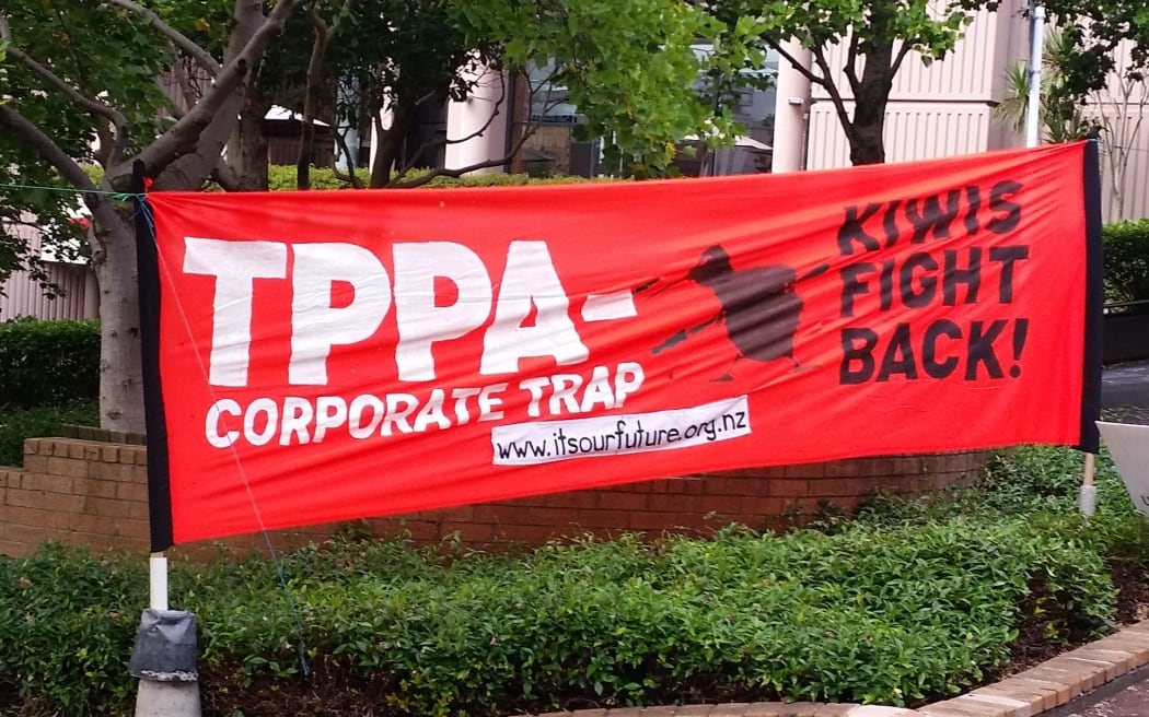 A sign outside the first of the government's 16 nationwide roadshow events to explain the TPP agreement.