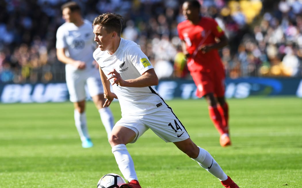 Ryan Thomas in action for the All Whites against Peru in the 2018 World Cup Intercontinental play-offs.