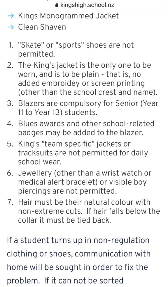 Uniform policy of King's High School in Dunedin