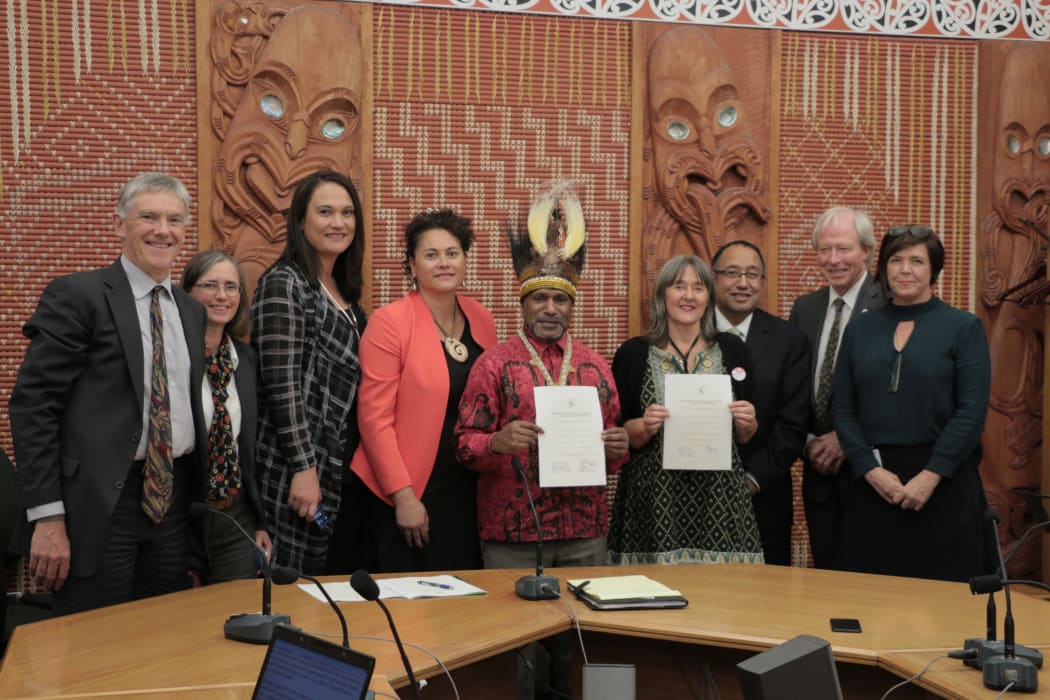 New Zealand MPs pose with the West Papua Freedom Movement's Benny Wenda after signing the International Parliamentarians for West Papua Declaration.