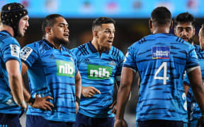 The Blues in a team huddle during Super Rugby.