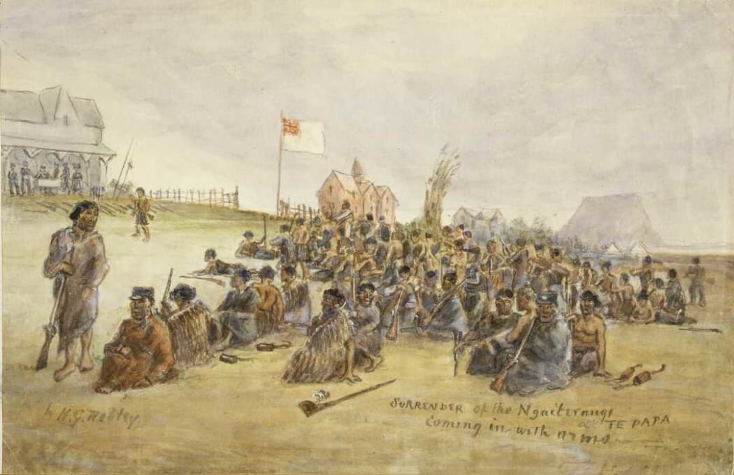 Robley painted the surrender of Ngāi Te Rangi, one of the main iwi the British fought in Tauranga