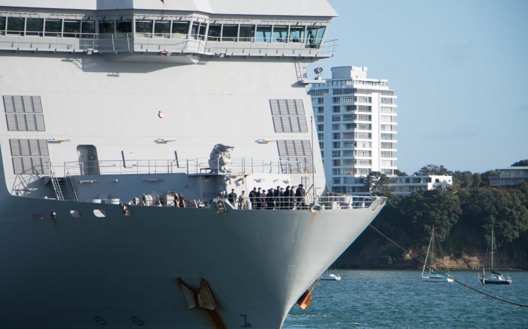 The HMNZS Canterbury pictured leaving Devonport naval base in Auckland.