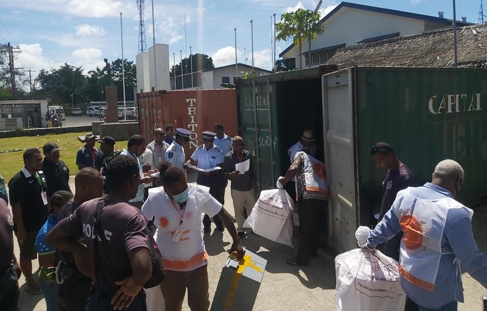 Returning officers in Solomon Islands verifying and accounting for all polling materials ahead of counting in the Central Honiara and Northeast Guadalcanal by elections. 19 November 2020