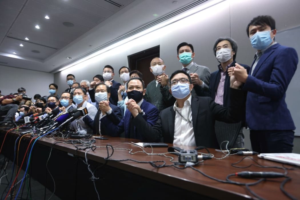 Pan-democratic legislators hold a press conference to resign from the Legislative Council en masse after Alvin Yeung Ngok-kiu, Kwok Ka-ki, Kenneth Leung and Dennis Kwok were disqualified when China passed a new resolution in Hong Kong.