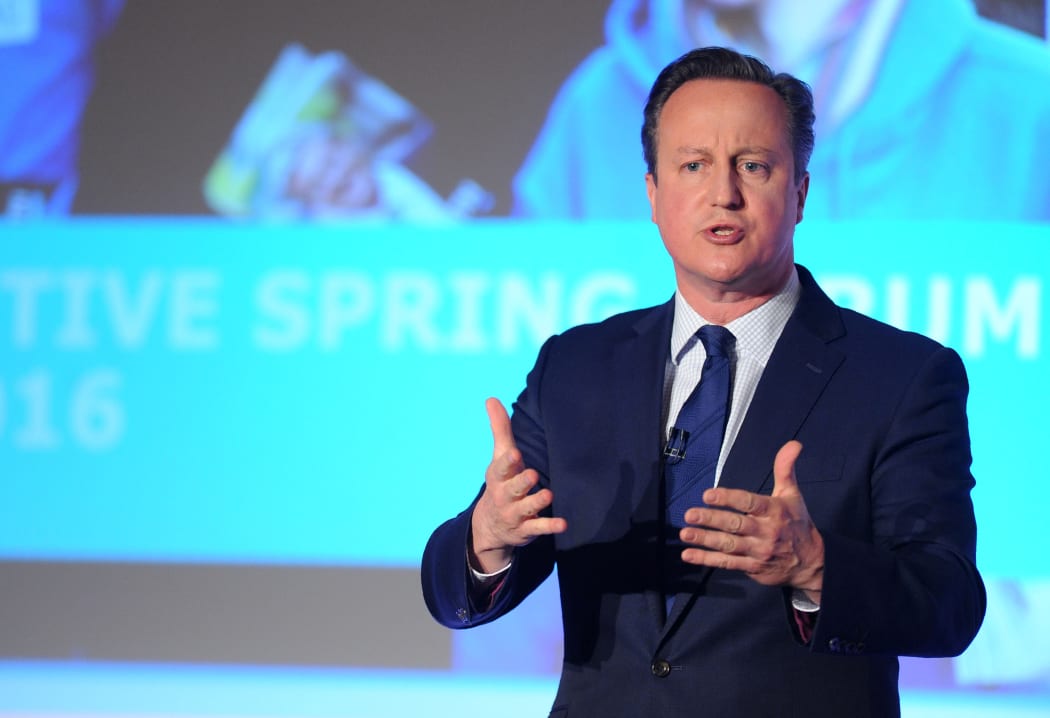 British Prime Minister, and leader of the Conservatives, David Cameron addresses delegates during the Conservative party Spring Forum in central London on 9 April, 2016.