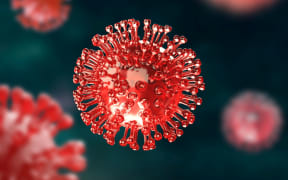 Super closeup Coronavirus COVID-19 in human lung body green background. Science microbiology concept. Red Corona virus outbreak epidemic. Medical health virology infection. 3D illustration rendering