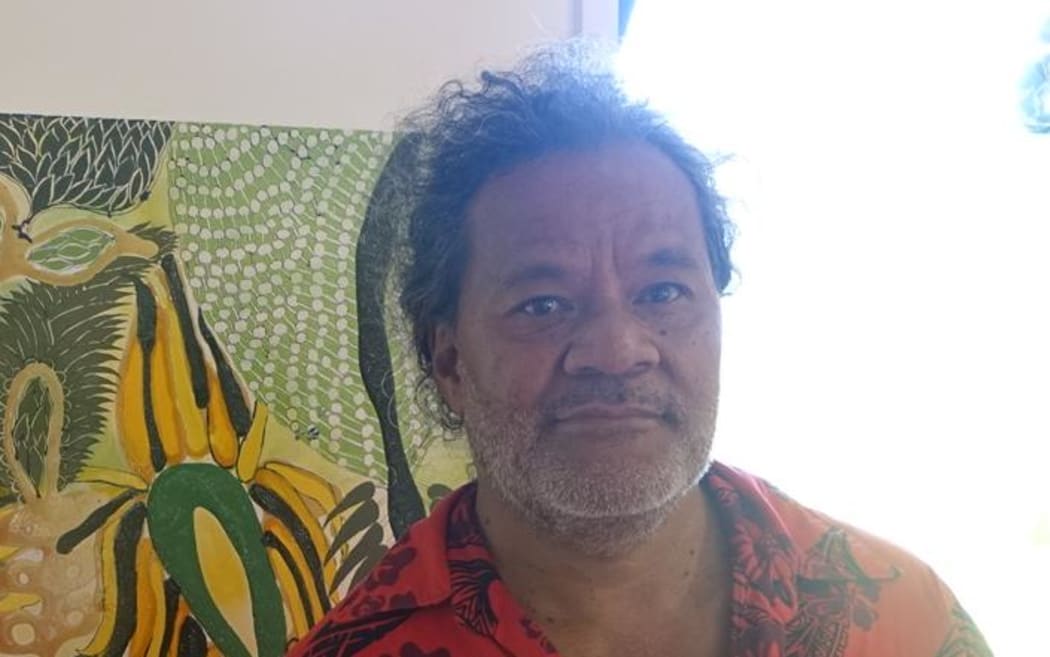 John Pule at his home exhibition in Liku village, Niue