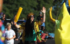 Fans celebrate at the opening ceremony for the Cricket World Cup in Christchurch.