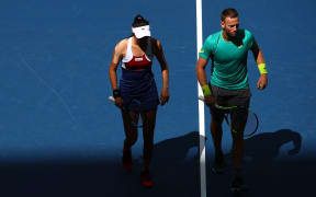 Hao-Ching Chan of Taiwan and Michael Venus of New Zealand during their Mixed Doubles finals match at the 2017 US Open.