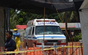 An ambulance arrives at NGO's Medecins Sans Frontieres Ebola treatment center inside the Samuel K Doe stadium in Monrovia on 15 October.