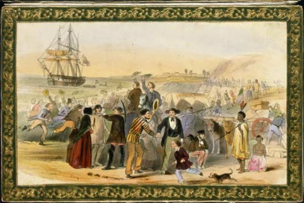Lithograph by E. Noyce of NZ Settlers preparing to return to Britain