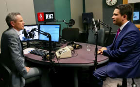 National Party leader Simon Bridges (right) in the studio with RNZ presenter Guyon espiner.