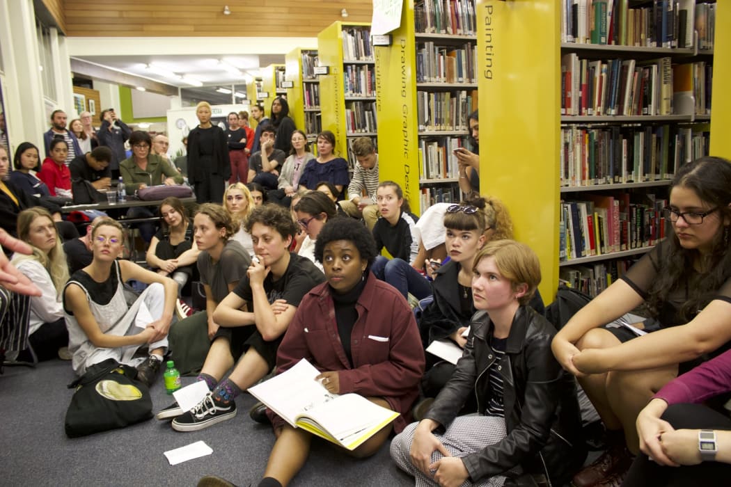 Students at a sit-in at Elam School of Fine Arts Library on April 27