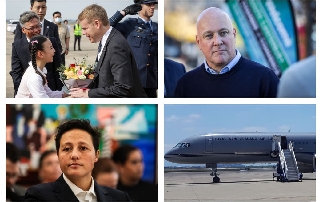 (Clockwise from top left), PM Chris Hipkins in China, National Party leader Christopher Luxon, Labour MP Kiri Allan, an RNZAF Boeing 757.