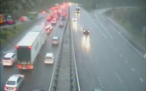 A Transport Agency traffic camera shows heavy congestion heading south into Wellington at the Newlands onramp about 8.15am the morning after the slip.