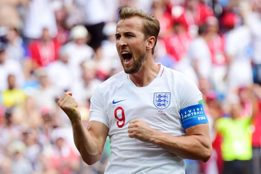 England's forward Harry Kane celebrates after scoring his team's fifth goal during the Russia 2018 World Cup Group G football match between England and Panama at the Nizhny Novgorod Stadium in Nizhny Novgorod on June 24, 2018. / AFP PHOTO / Martin BERNETTI