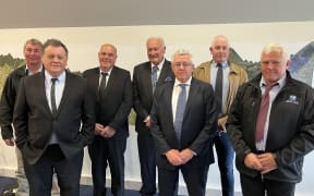 Calm before the storm: The freshly inducted West Coast Regional Council in October with from left, Andy Campbell, Peter Ewen, Peter Haddock, Allan Birchfield, Frank Dooley, Mark McIntyre, and Brett Cummings.
