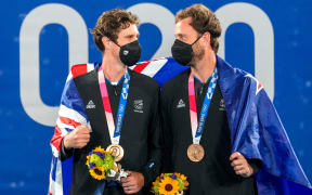 New Zealand's Michael Venus and Marcus Daniell with their Olympic bronze medals at Ariake Tennis Park, Tokyo 2020 Olympic Games. Friday 30 July 2021.