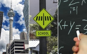 The Sky Tower, a school road crossing sign and a teacher close-up at the blackboard - in a composite photo